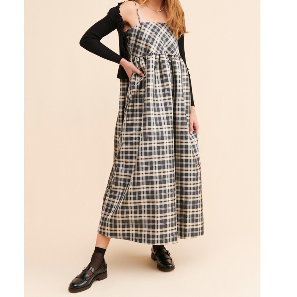 Dream Sister Jane Cosmic Plaid Midi Dress Black Square Neck Tie Back - Small - Picture 1 of 5